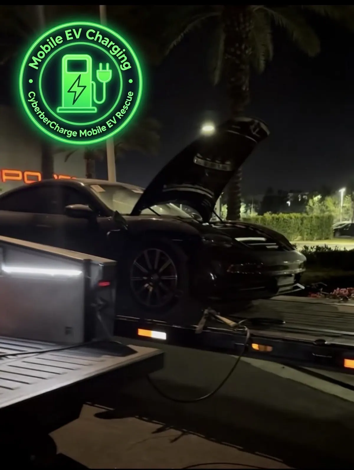 CyberCharge Cybertruck providing mobile EV charging at night